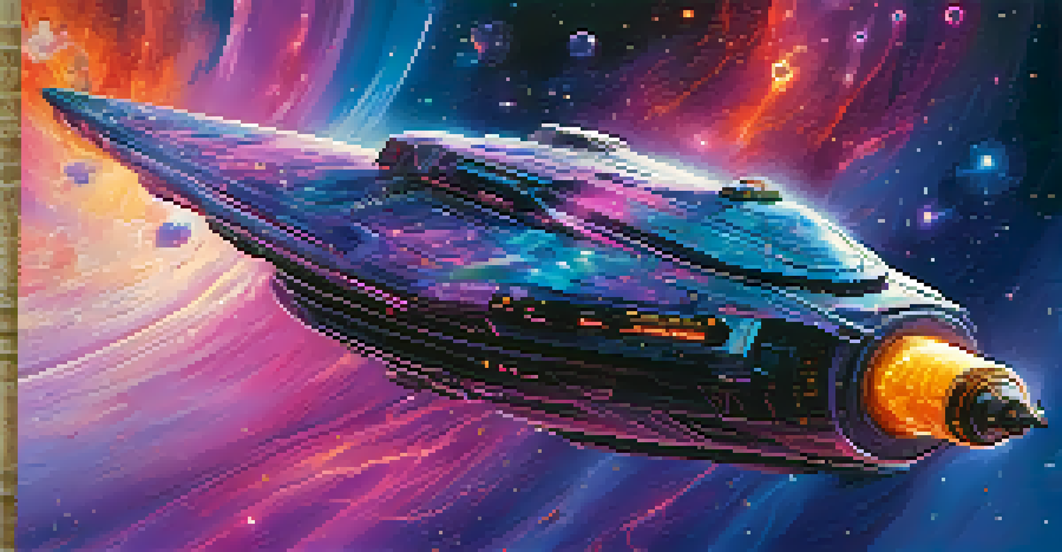 A futuristic spacecraft navigating through a colorful nebula filled with vibrant hues.