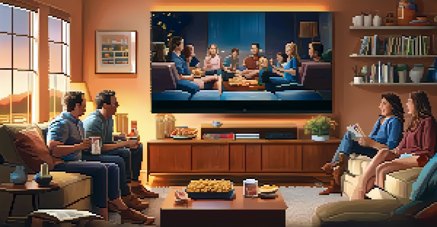 A family enjoying a movie in a cozy living room, with snacks and warm lighting creating a joyful atmosphere.