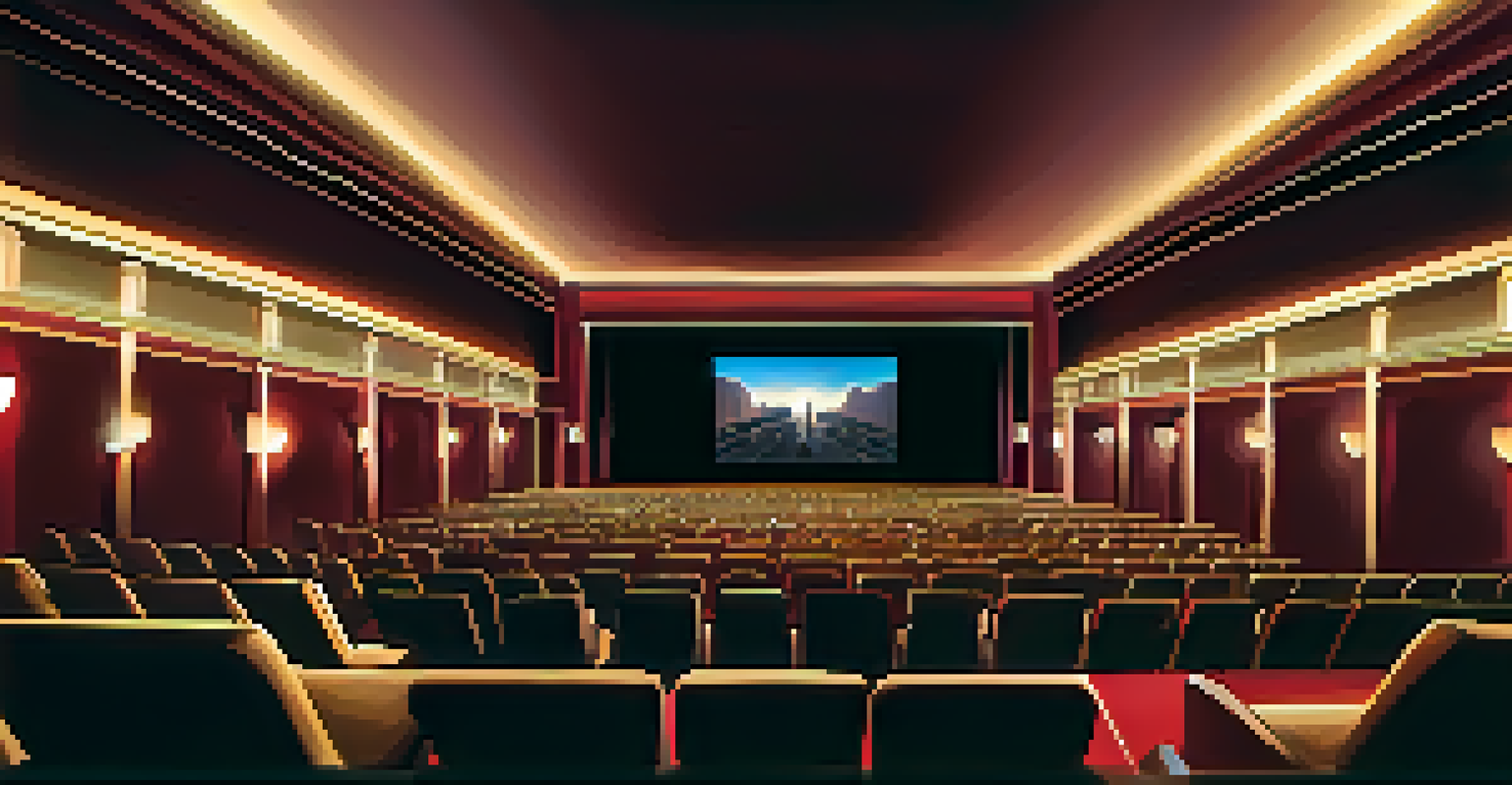 A cinema hall with an audience watching a movie, illuminated by warm lighting, depicting an emotional moment on screen.