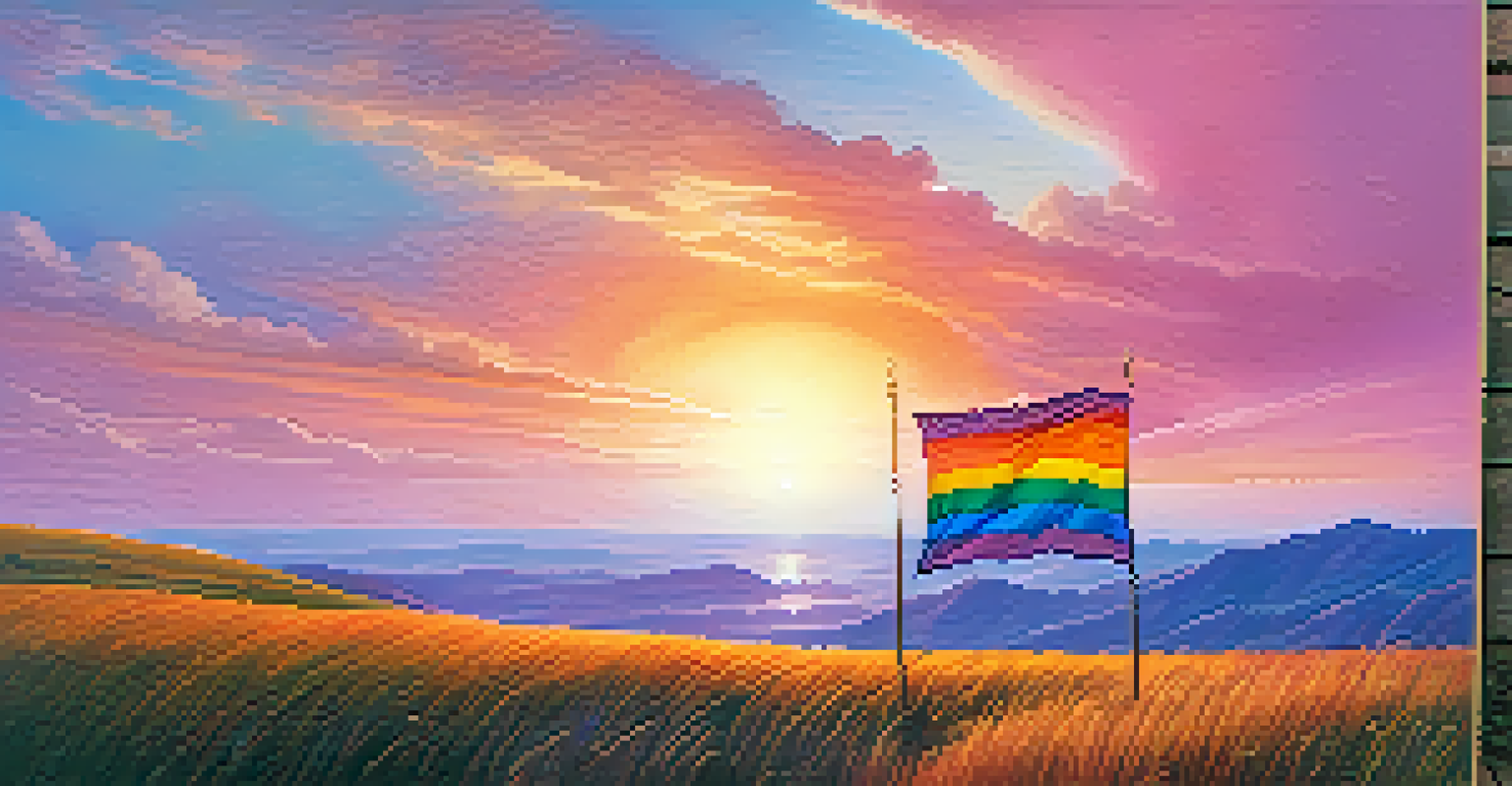 A rainbow flag waving on a hill during sunset, with a colorful sky creating a serene atmosphere.