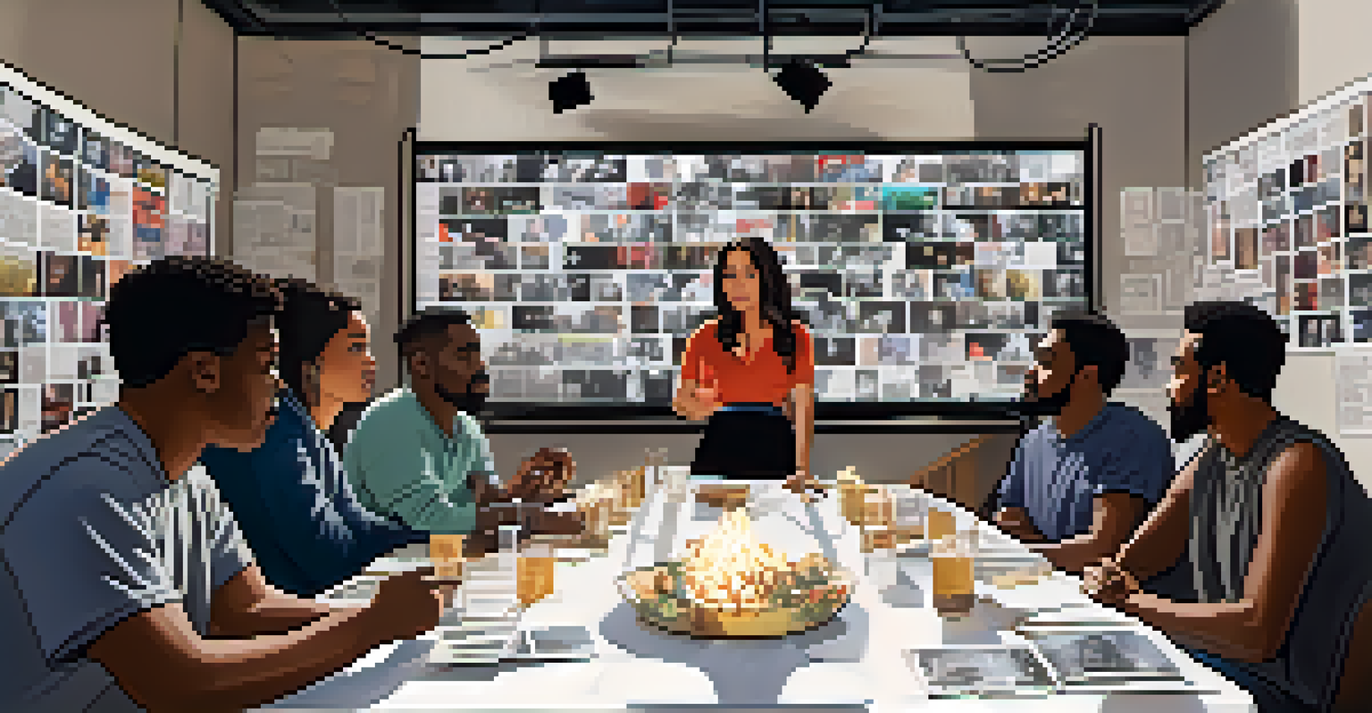 A diverse group of filmmakers discussing social issues in front of a large screen displaying film clips.