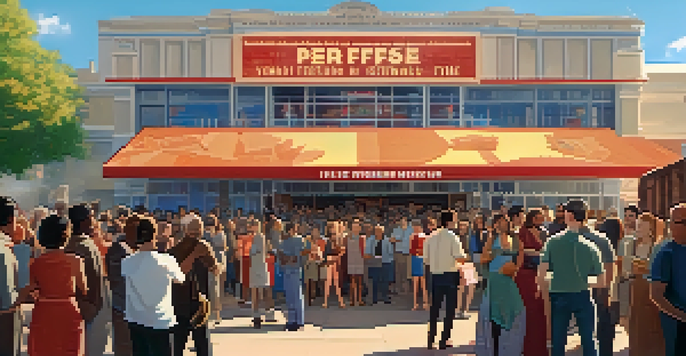 A lively film festival scene with diverse attendees discussing films outside a cinema, surrounded by colorful banners and a large screen displaying a documentary.