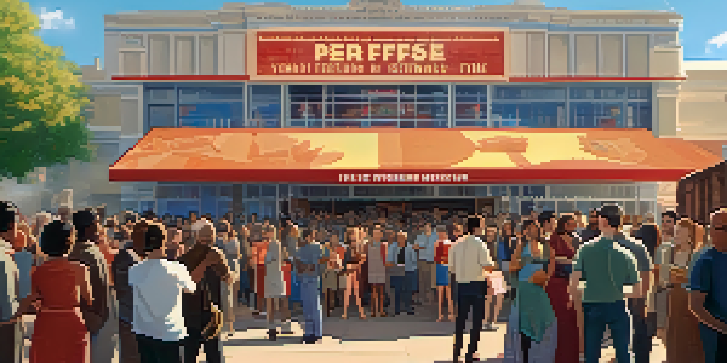 A lively film festival scene with diverse attendees discussing films outside a cinema, surrounded by colorful banners and a large screen displaying a documentary.