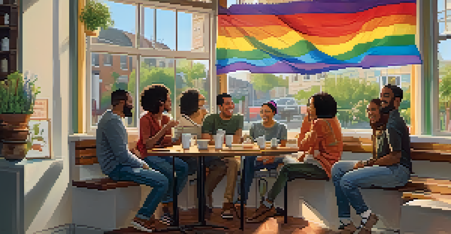 A cozy café filled with diverse friends enjoying coffee together, with a rainbow flag in the background and warm lighting creating an inviting atmosphere.