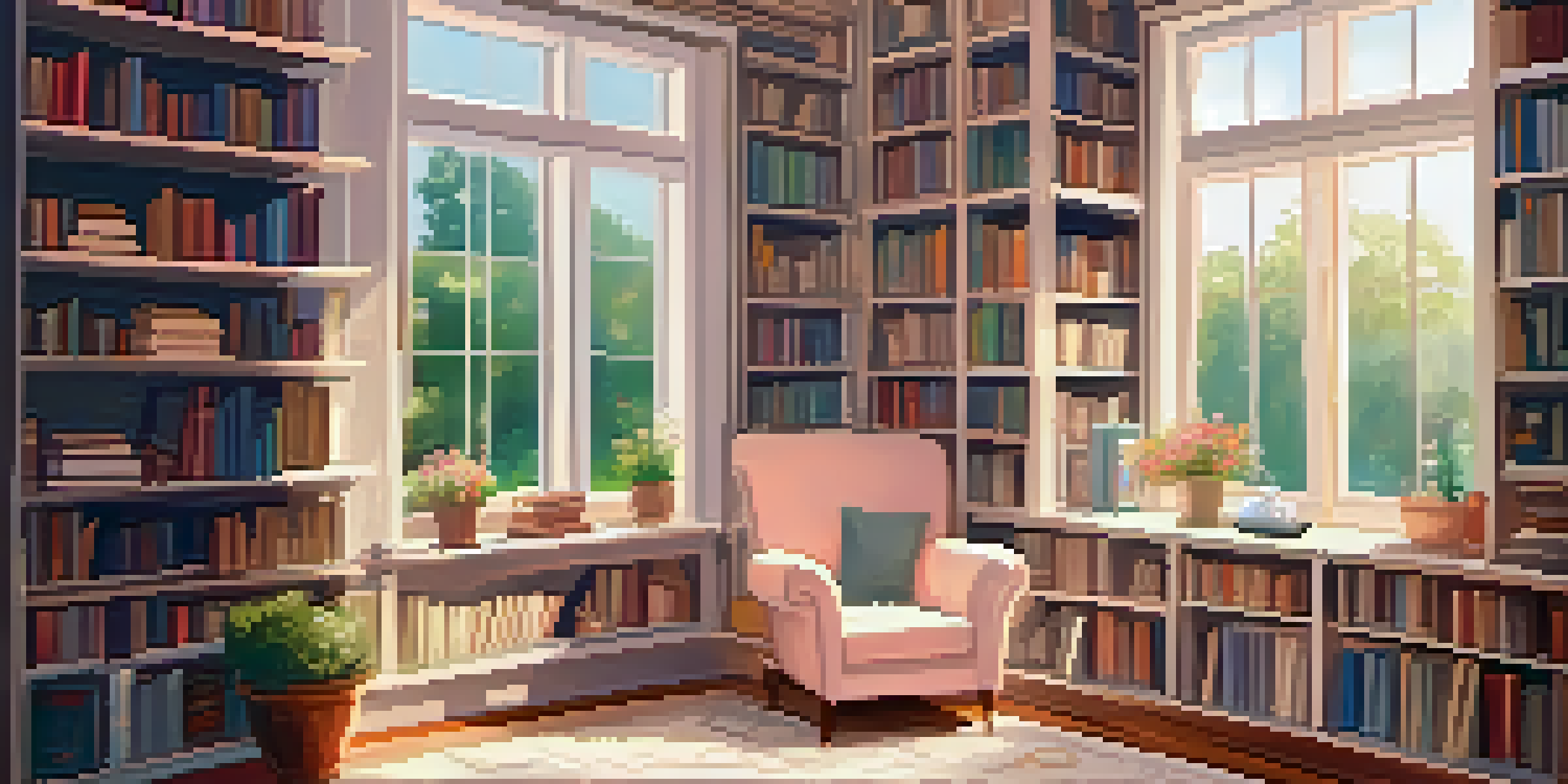 A comfortable reading space with an armchair, bookshelves, and a cup of tea by a window overlooking a garden.