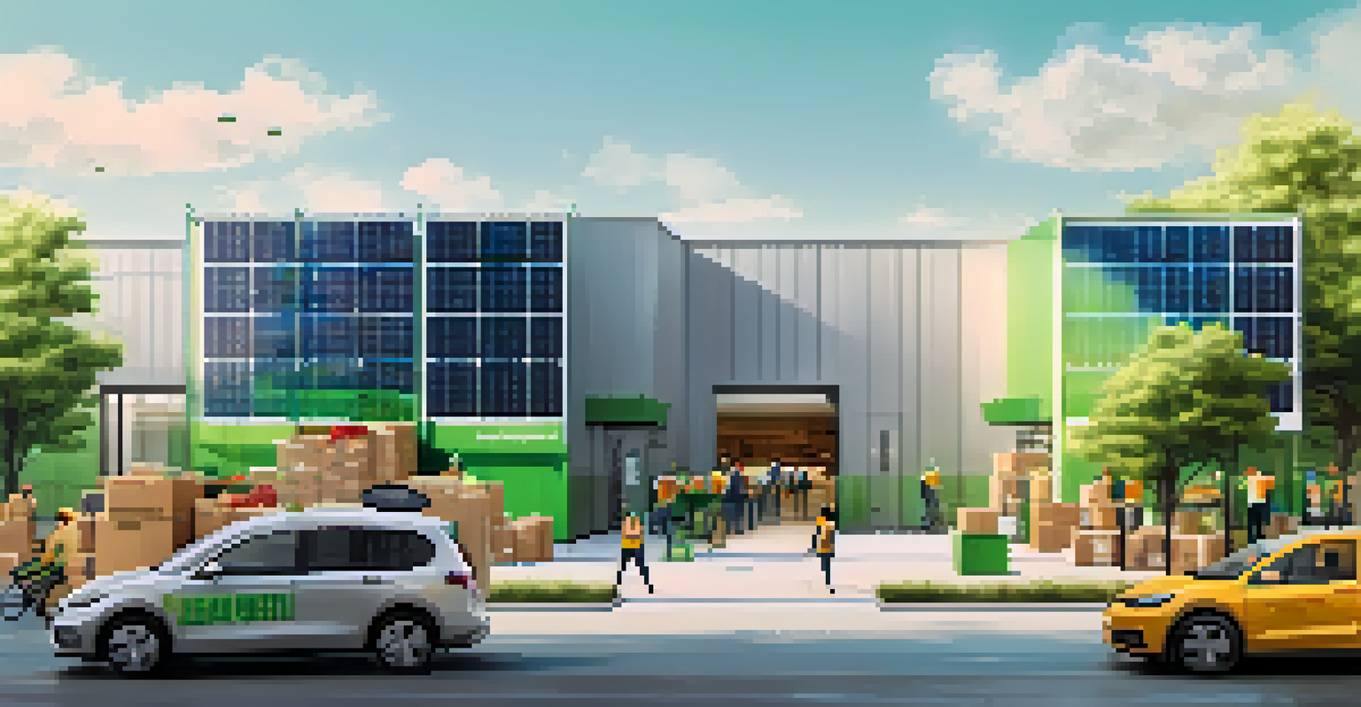 A modern eco-friendly warehouse with solar panels, green delivery vans, and workers sorting packages.