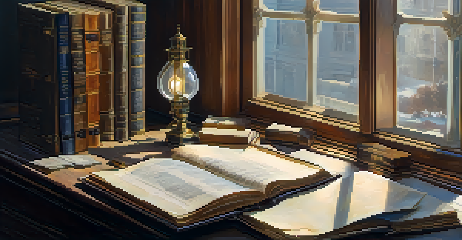 An open book on a wooden table with historical documents and artifacts, lit by natural light from a window.