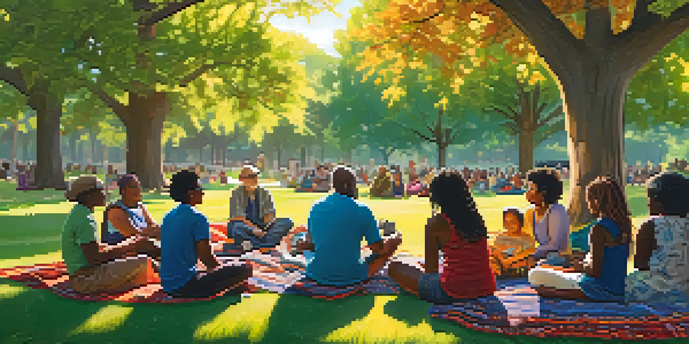 A diverse group of people gathered in a circle sharing stories in a sunny park under an oak tree.