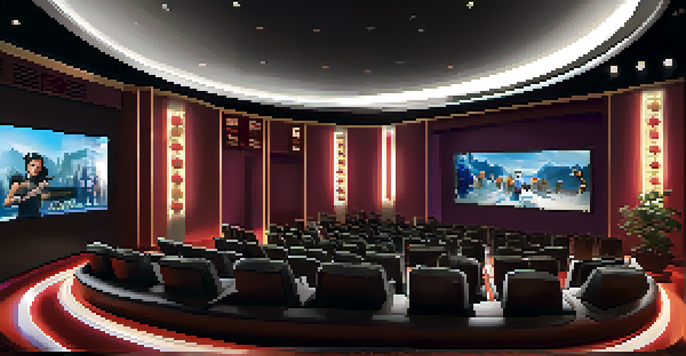 An interior view of a modern smart movie theater with plush seating and adjustable lighting.