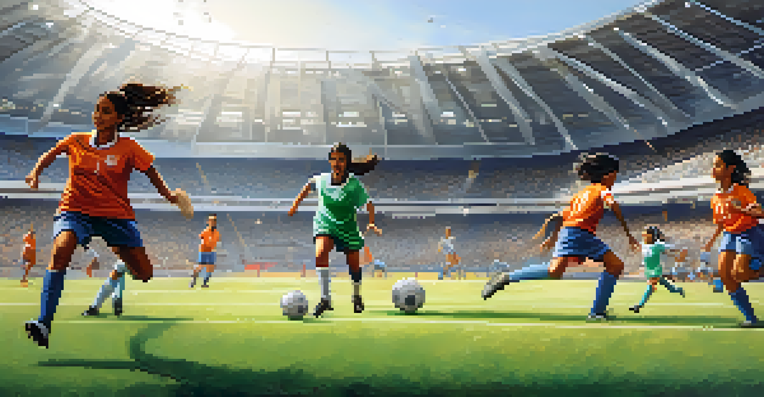 A British-Indian girl playing soccer, dribbling past opponents with spectators cheering in a vibrant urban setting.