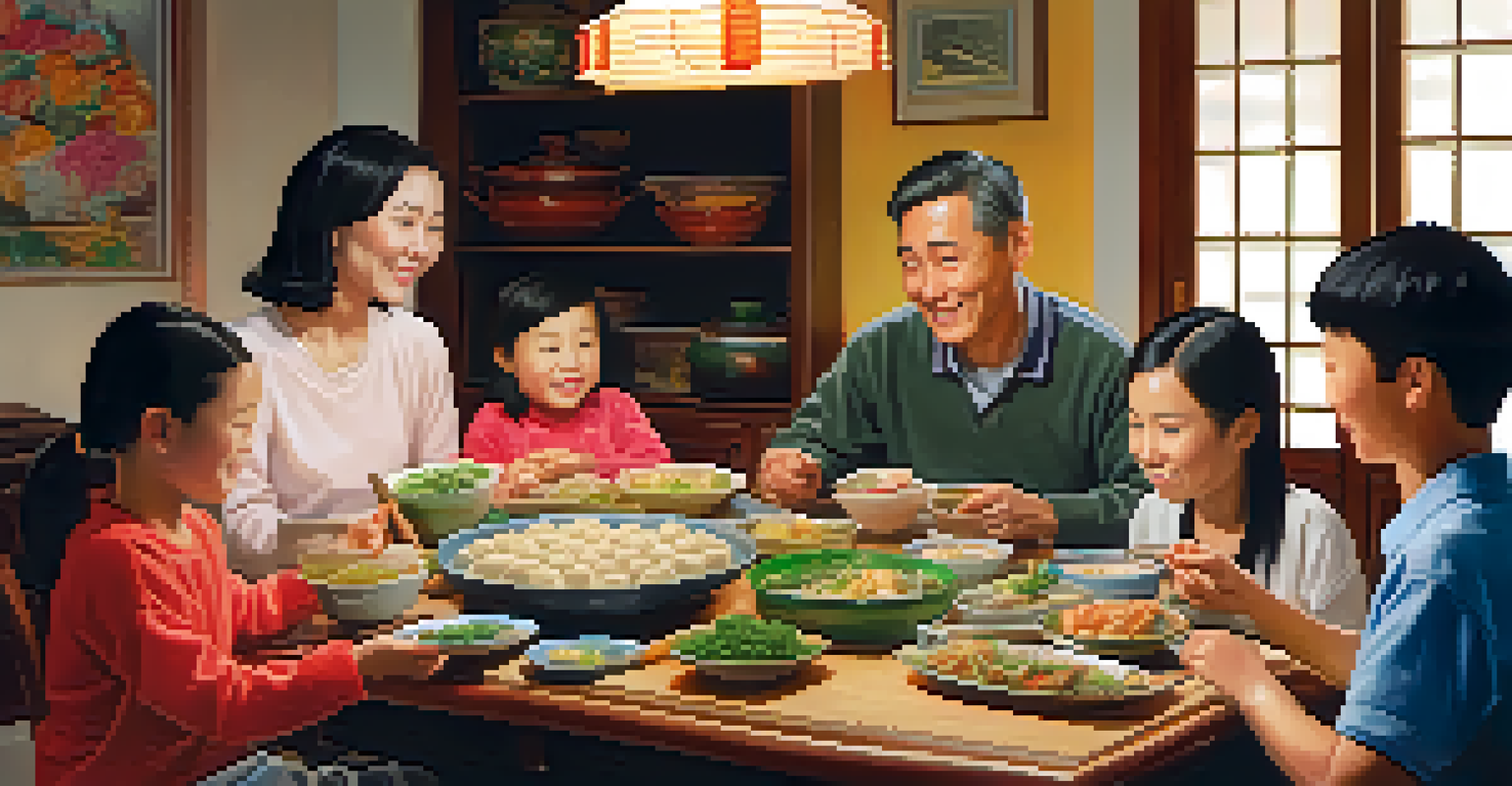 A multigenerational Chinese-American family sharing a meal together at a dining table filled with traditional dishes in a cozy home.