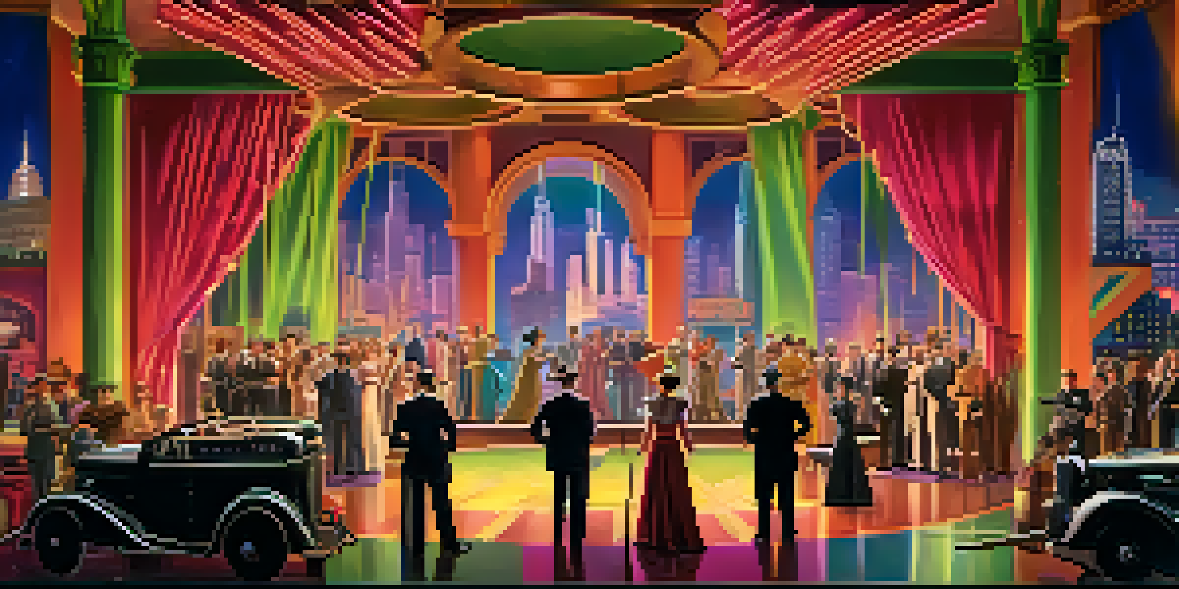 A colorful Hollywood film set from the 1930s, featuring actors in vintage costumes and a bustling crew among vibrant cityscape backdrops.
