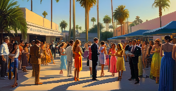 A lively Hollywood studio lot with diverse actors preparing for a scene during golden hour, featuring colorful costumes and palm trees.
