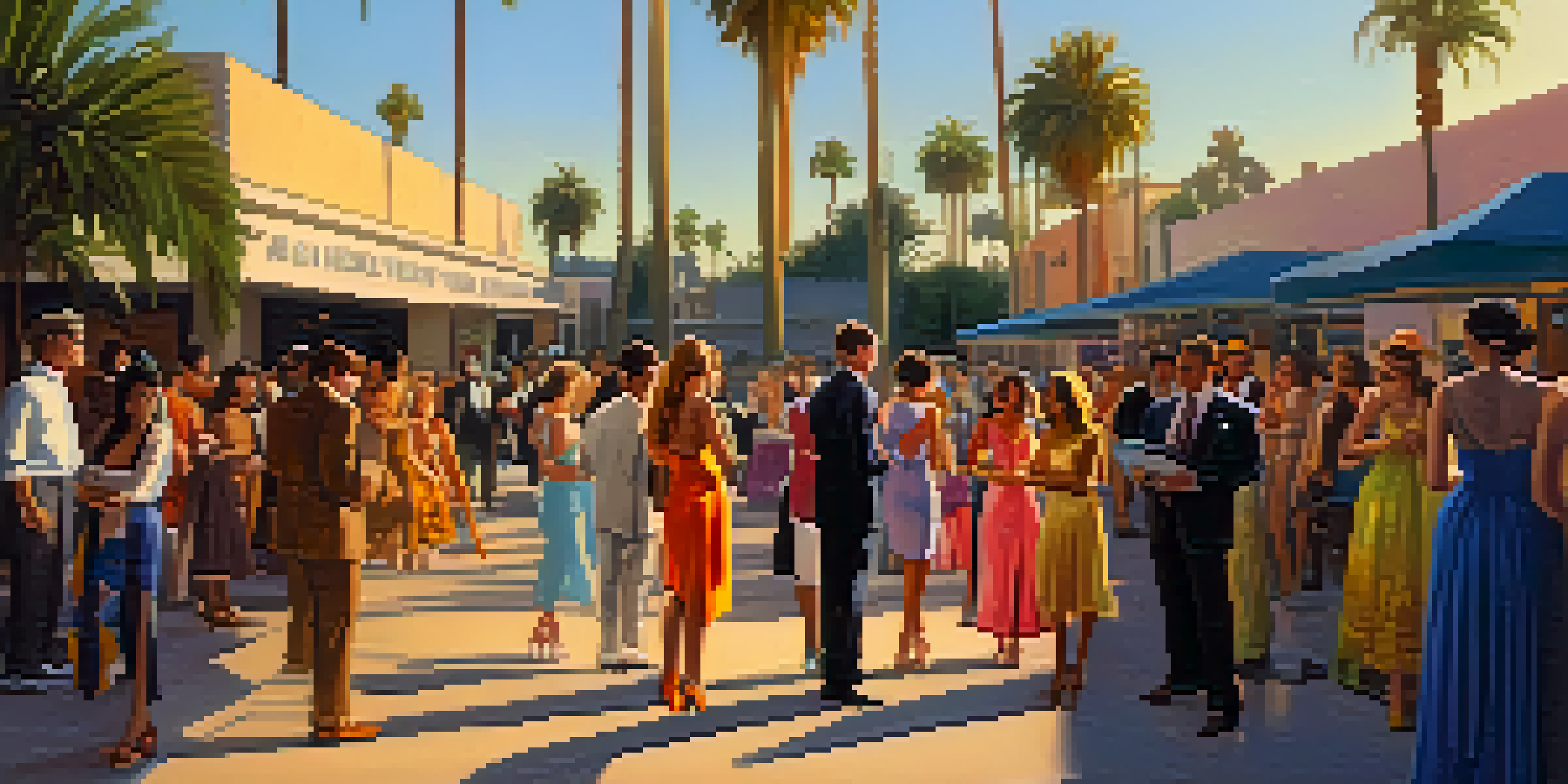 A lively Hollywood studio lot with diverse actors preparing for a scene during golden hour, featuring colorful costumes and palm trees.