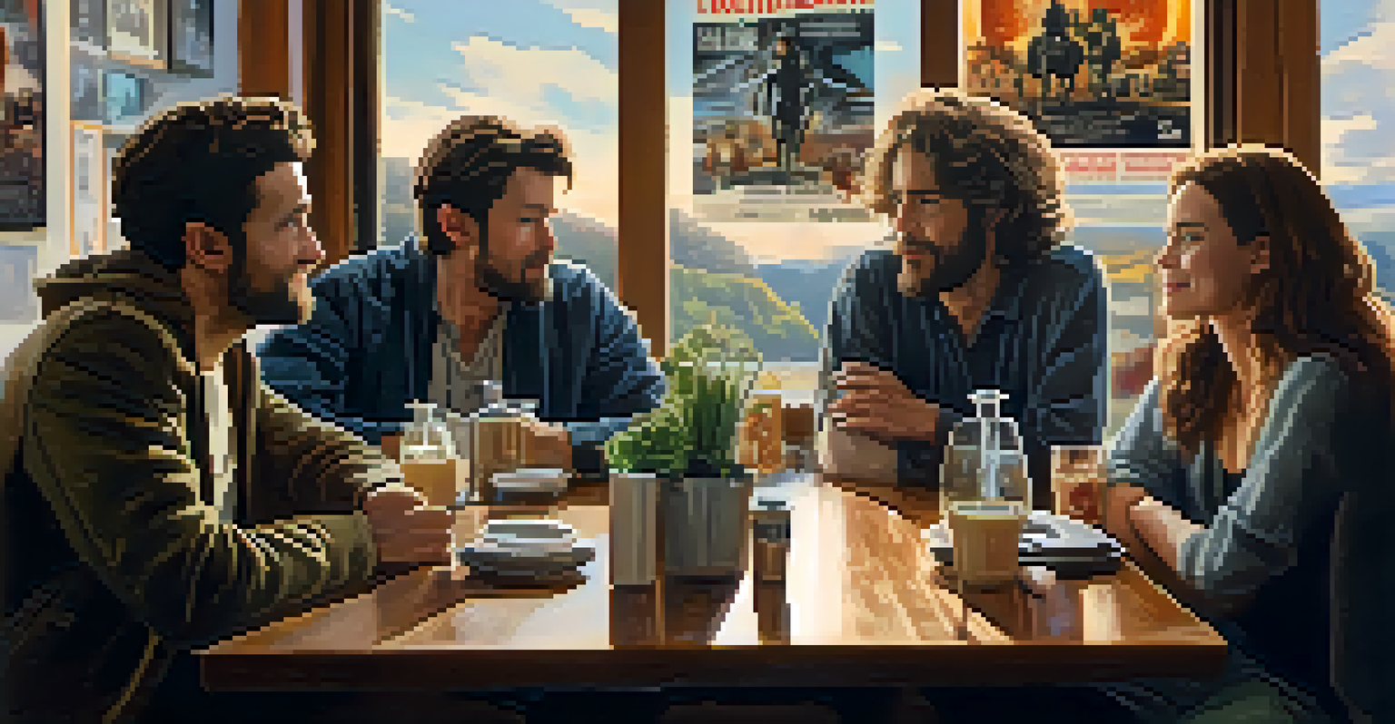 Filmmakers and actors in a cozy cafe discussing indie film projects, surrounded by film posters and natural light from large windows.