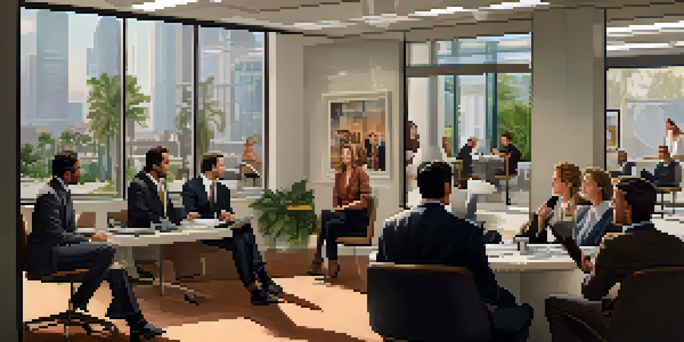 A busy talent agency office in Hollywood, with agents and actors in conversation and various headshots displayed.