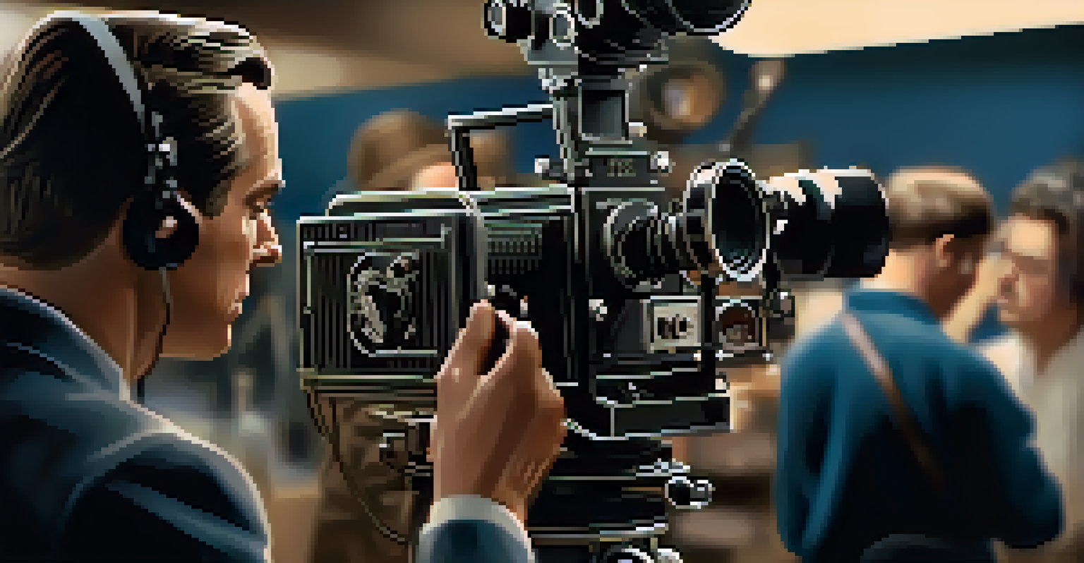A close-up of a classic movie camera being adjusted by an operator, with crew members blurred in the background.