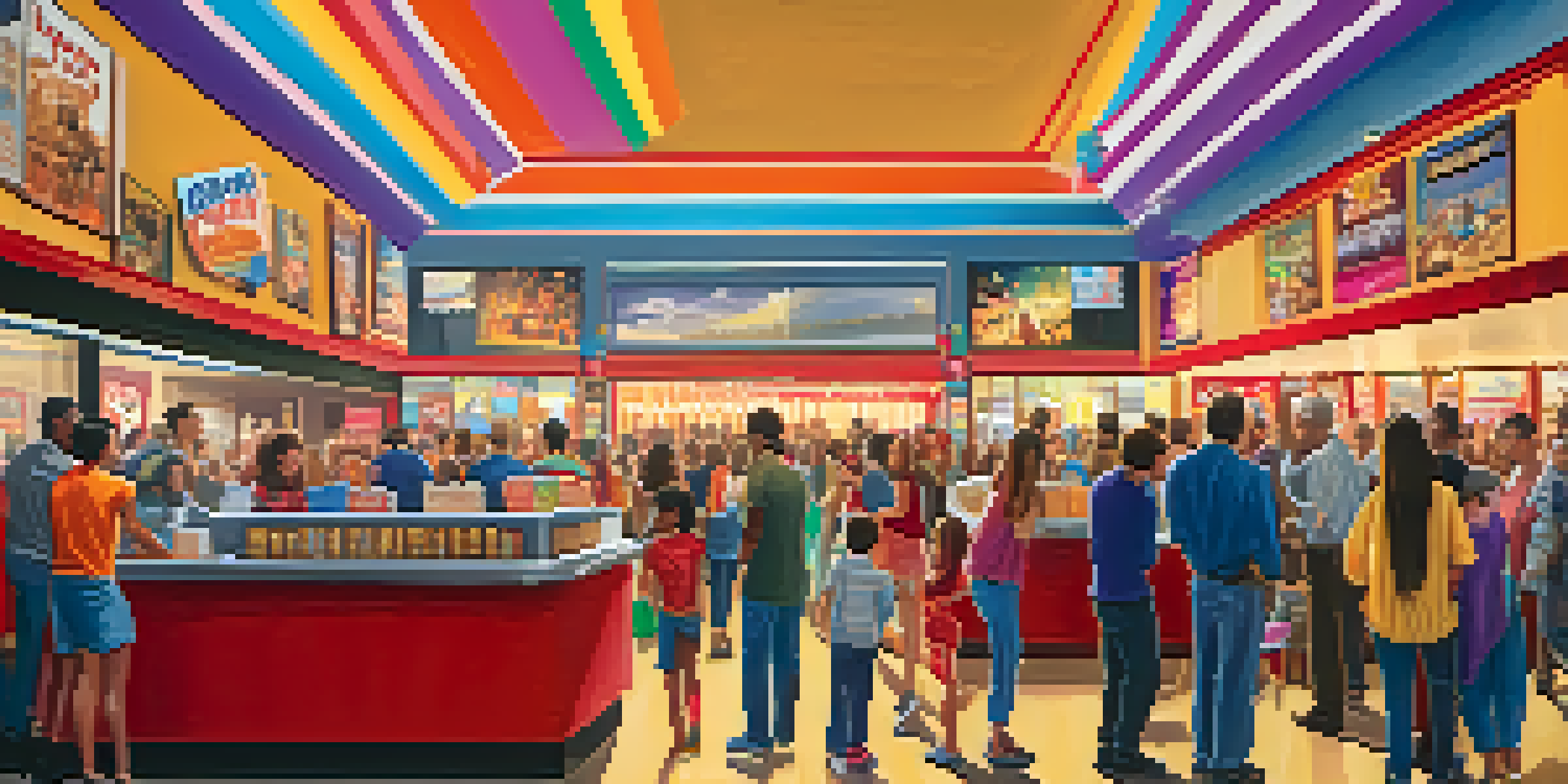 A lively movie theater lobby with colorful film posters, people buying tickets and snacks, and soft golden lighting.