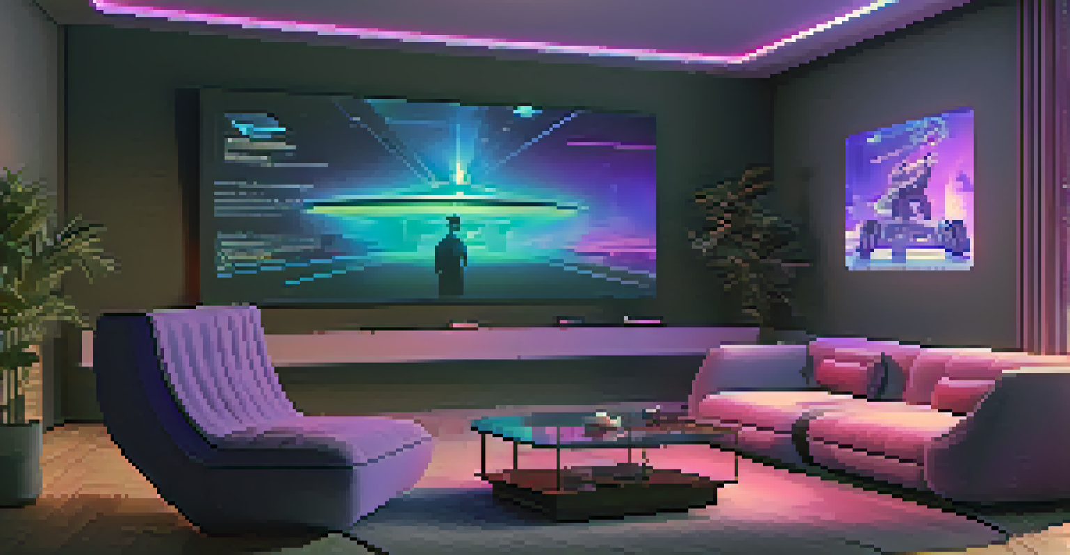 A futuristic living room with a holographic display of streaming platforms, featuring minimalist furniture and ambient lighting.