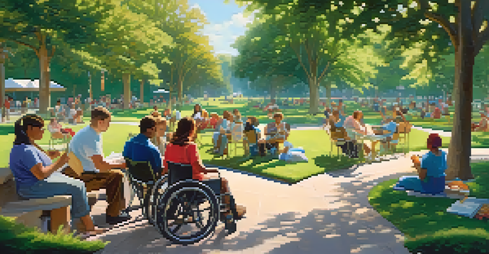 A peaceful park scene with people of different abilities participating in creative activities, surrounded by nature.