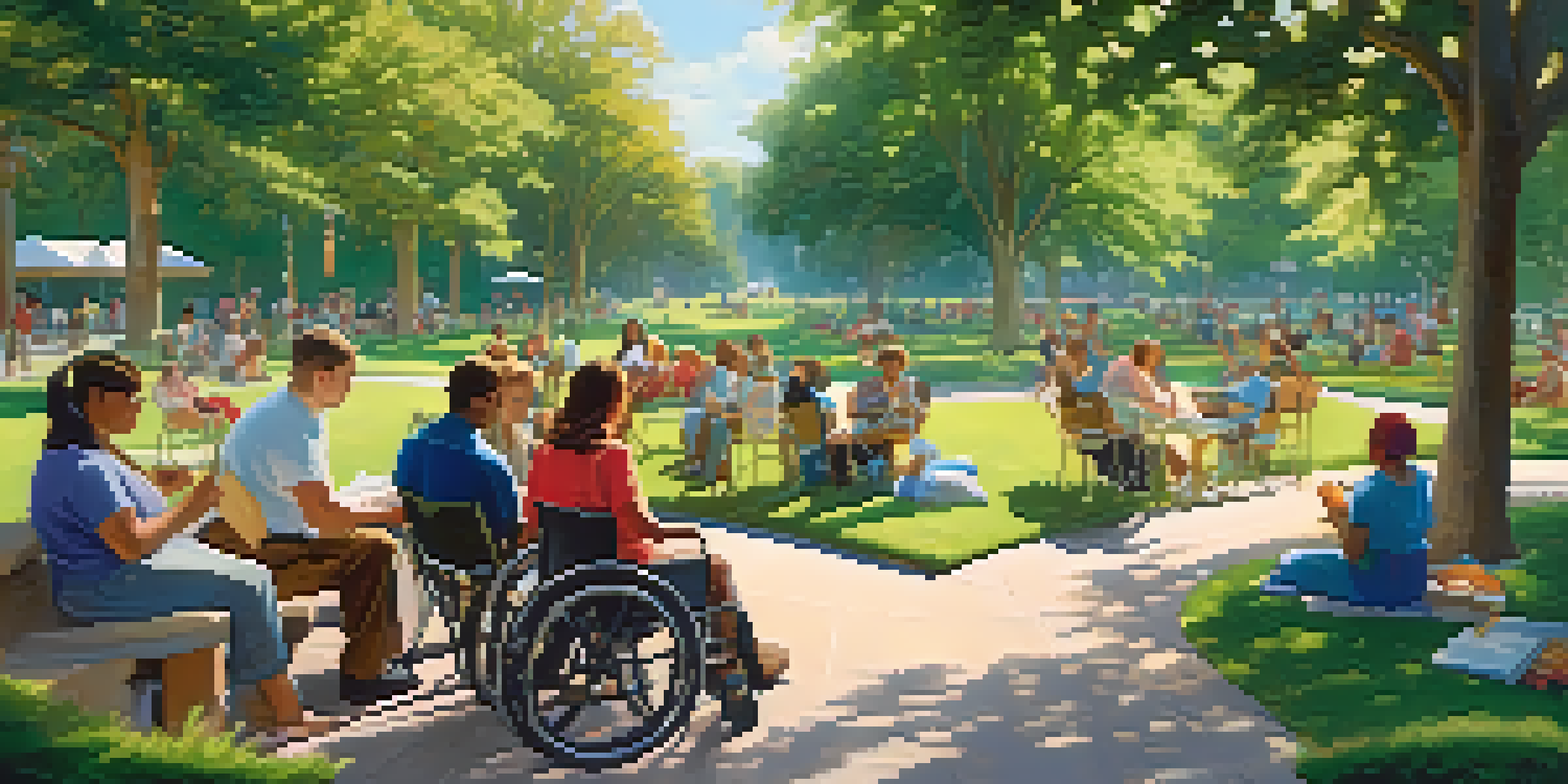 A peaceful park scene with people of different abilities participating in creative activities, surrounded by nature.