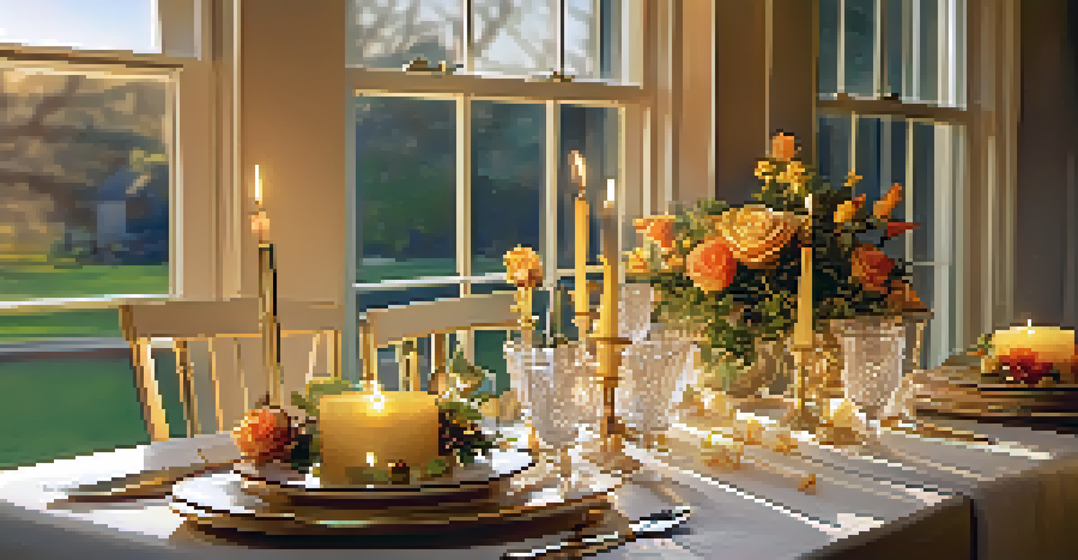 A dinner table elegantly set with dinnerware, candles, and flowers, illuminated by warm sunset light.