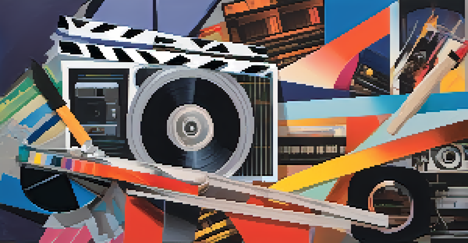 A vibrant collage illustrating film editing techniques with iconic movie scenes being cut and transitioned, against a gradient background.