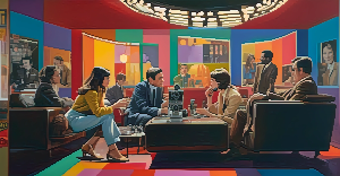 A group of filmmakers discussing around an old movie camera with colorful film posters in the background, set in the late 1960s.