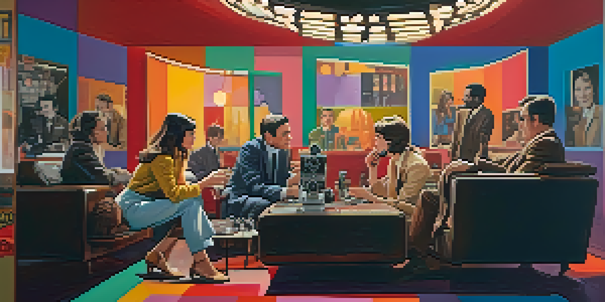 A group of filmmakers discussing around an old movie camera with colorful film posters in the background, set in the late 1960s.