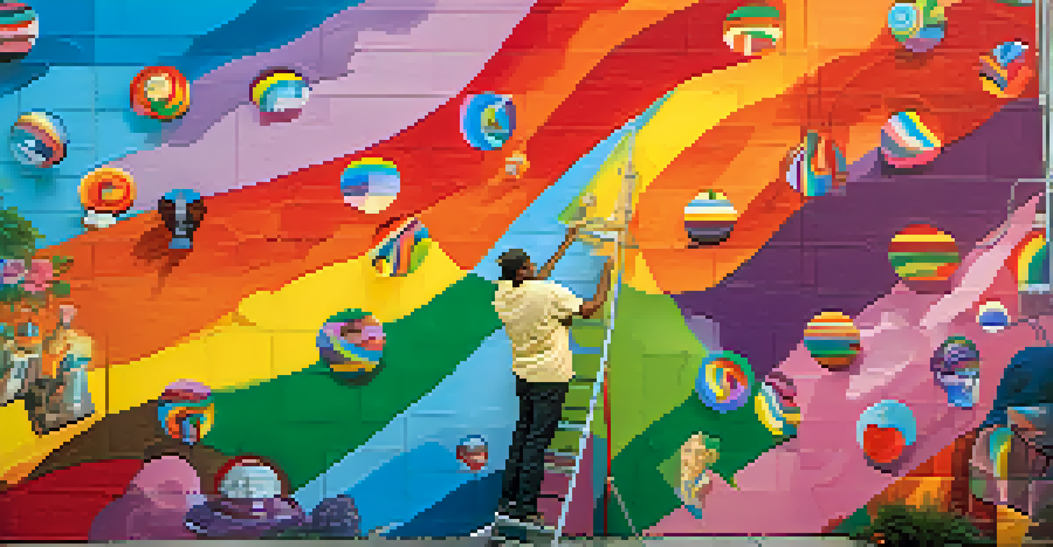 An artist painting an LGBTQ+ themed mural, with vibrant colors and symbols of love and acceptance.