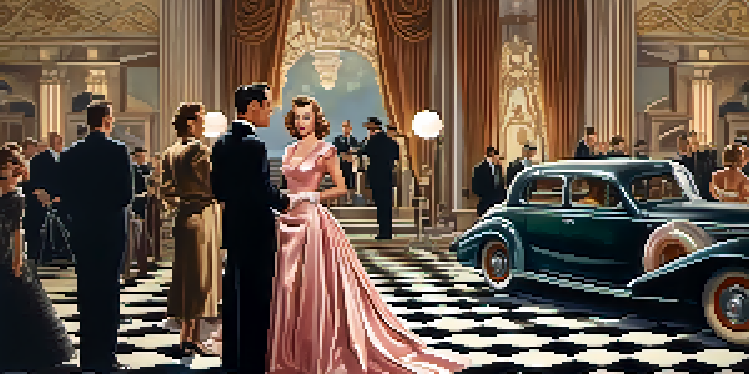 A vintage film set featuring a glamorous actress in a classic gown, surrounded by a large film camera and crew members in period attire.