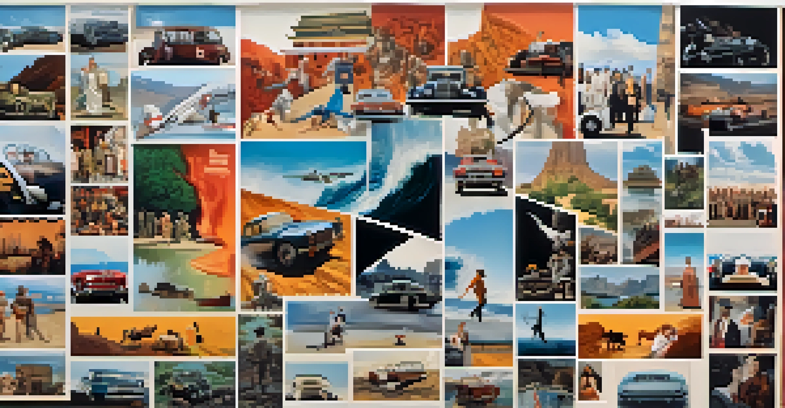 A creative collage of iconic scenes from international films, highlighting diverse storytelling styles and cultural elements.