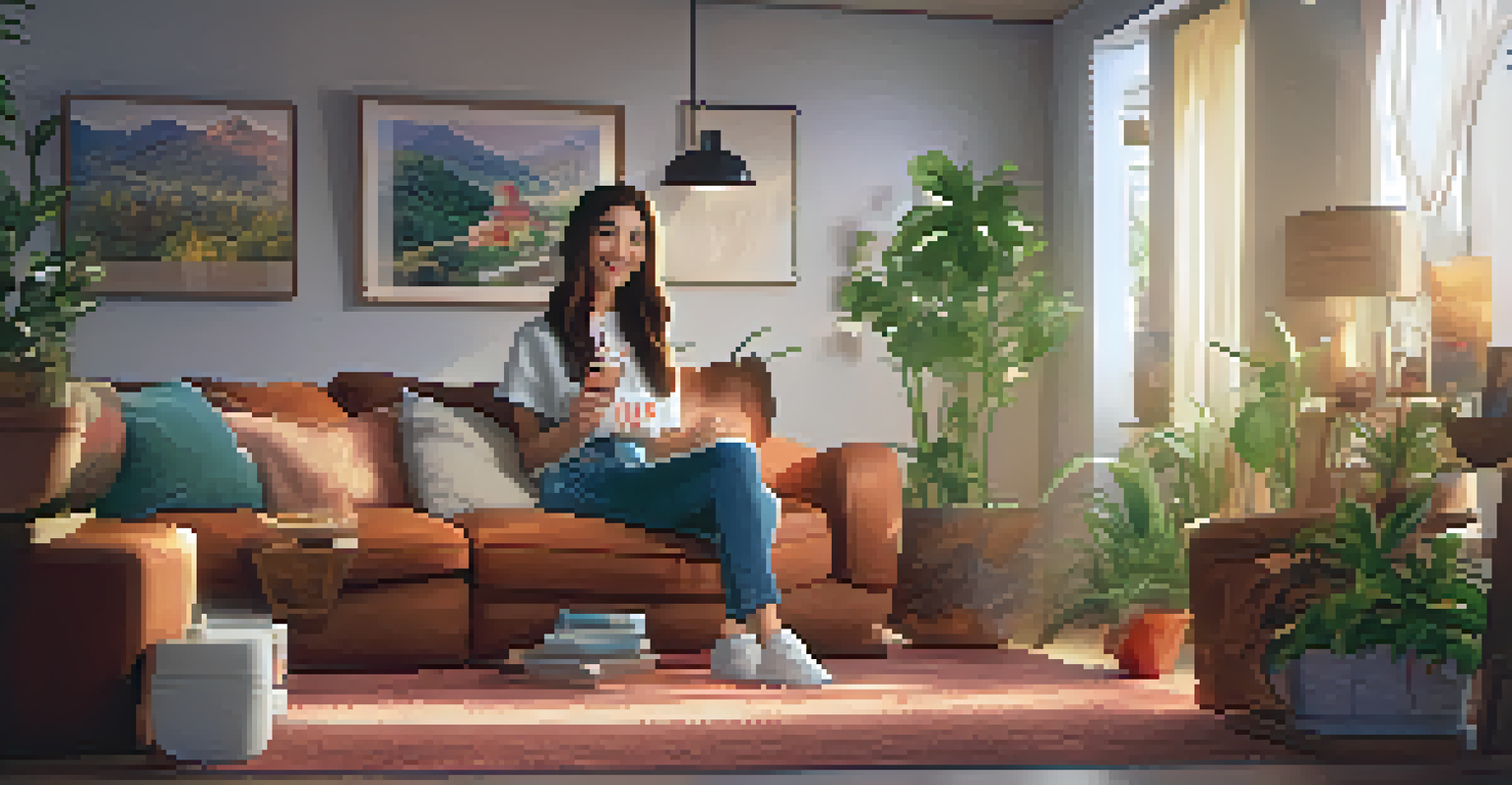 An enthusiastic influencer discussing an upcoming movie in a cozy room filled with movie posters and soft lighting.