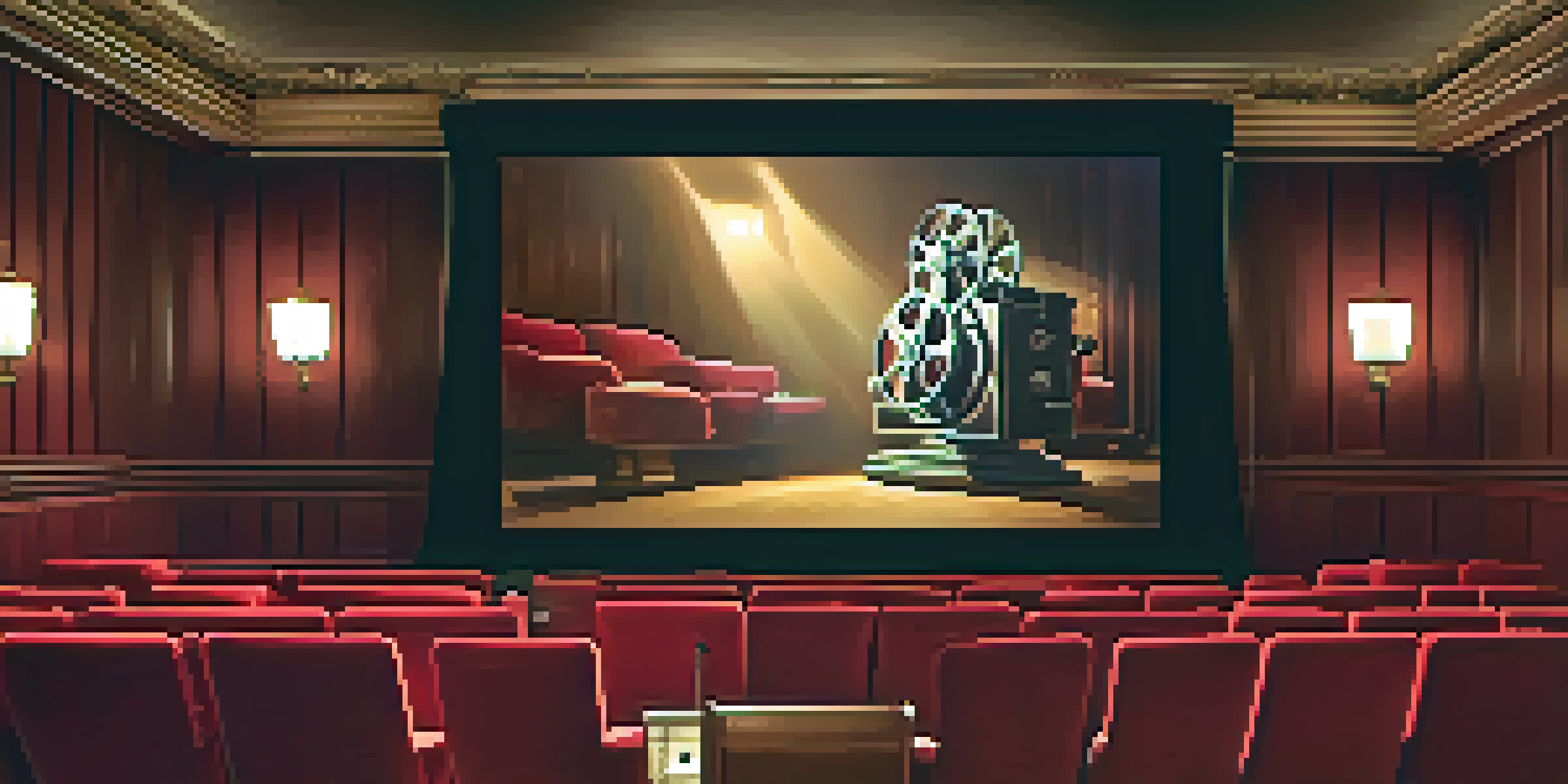 A vintage film projector in a classic cinema setting, casting a warm glow on a large screen showing an iconic movie trailer.