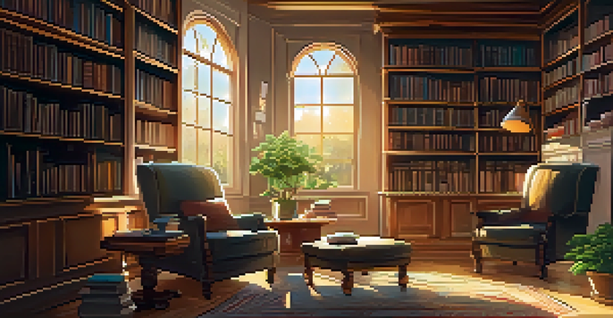 A cozy library with classic literature books, a reading nook, and sunlight streaming through the windows.