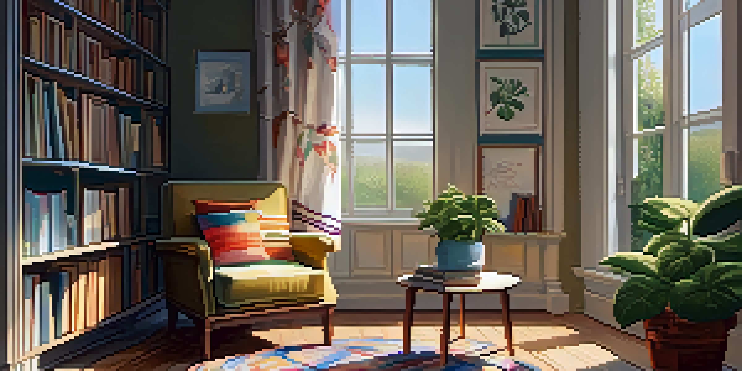 A sunlit room with plants and books, featuring an armchair, window, and a cup of tea on a side table.