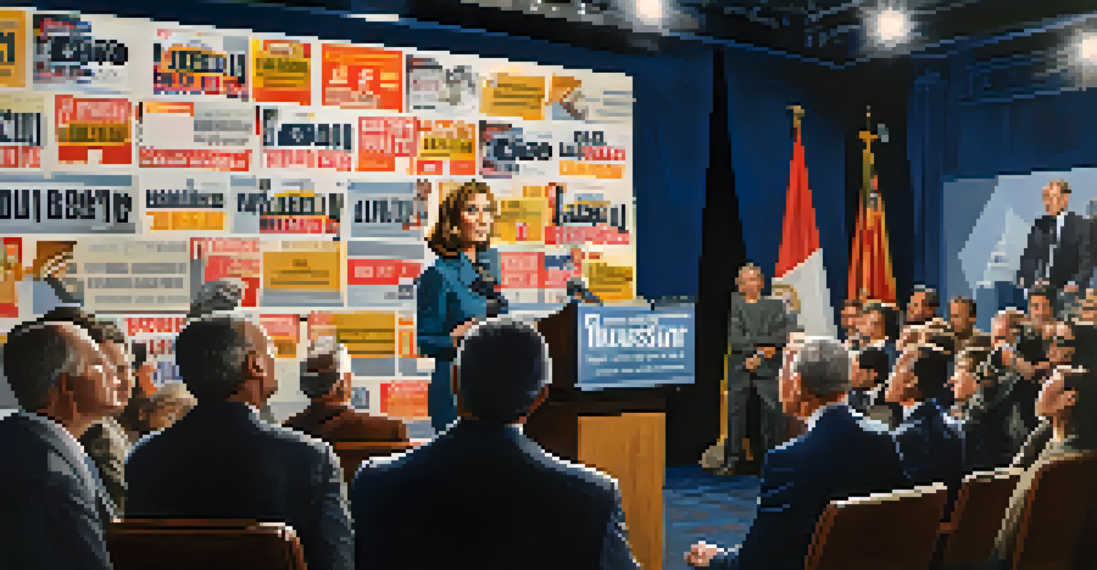 A celebrity at a podium during a press conference, with campaign banners and journalists capturing the moment.