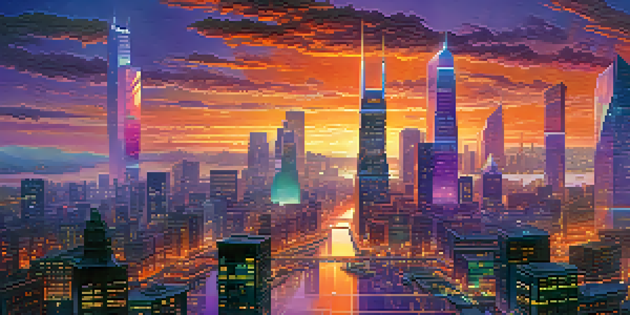 A colorful city skyline at sunset with animated characters and glowing holograms among the buildings.