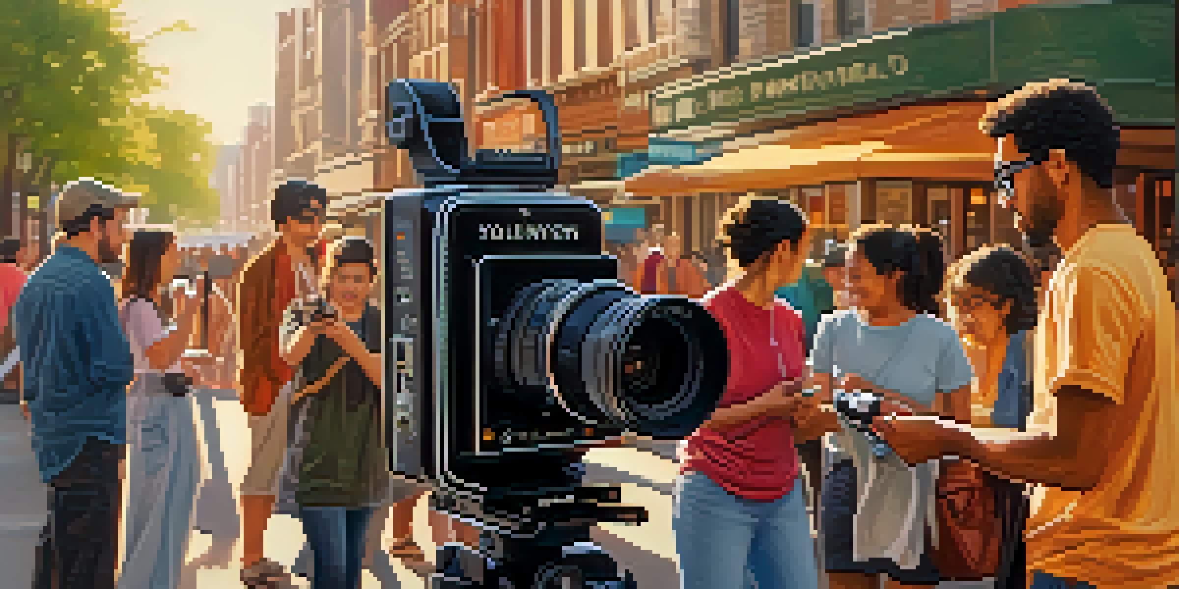 A filmmaker prepares to capture city life, surrounded by diverse people and vibrant colors in soft golden hour lighting.