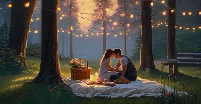 A couple enjoying a peaceful picnic in a wooded area at dusk, illuminated by soft fairy lights.