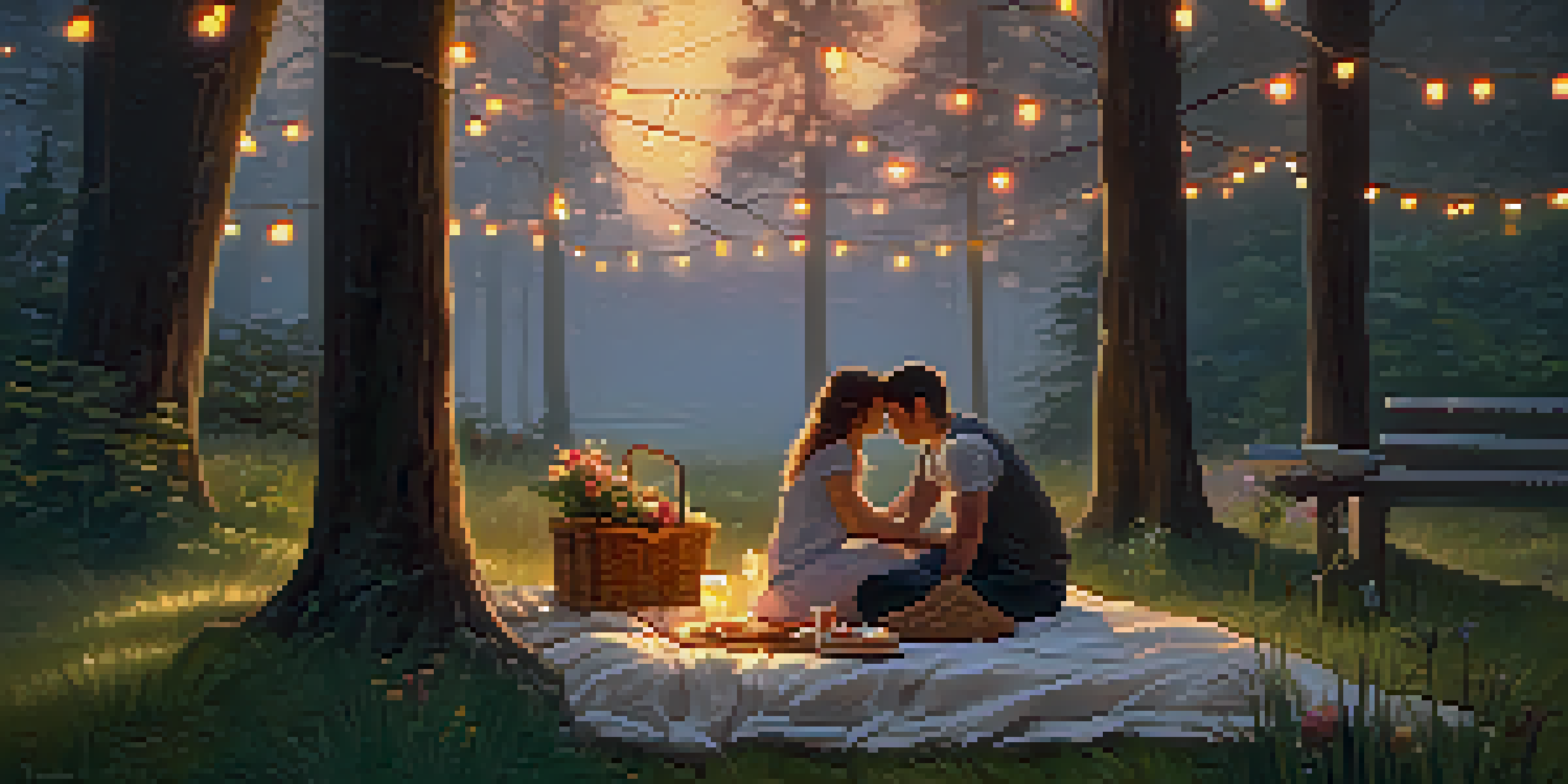 A couple enjoying a peaceful picnic in a wooded area at dusk, illuminated by soft fairy lights.