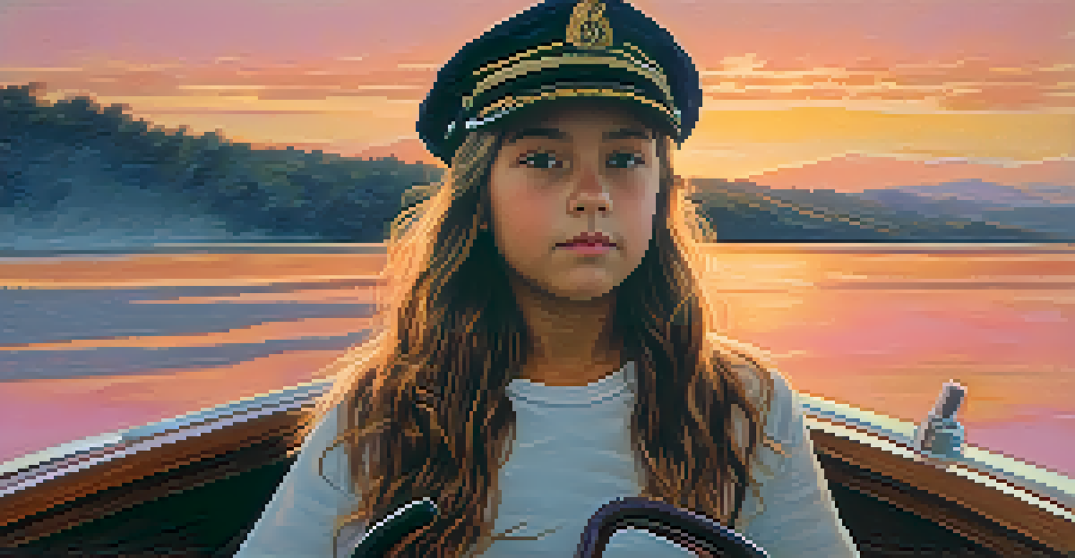 A young girl in a captain's hat confidently steering a small boat through calm waters at sunset, symbolizing strength and independence.