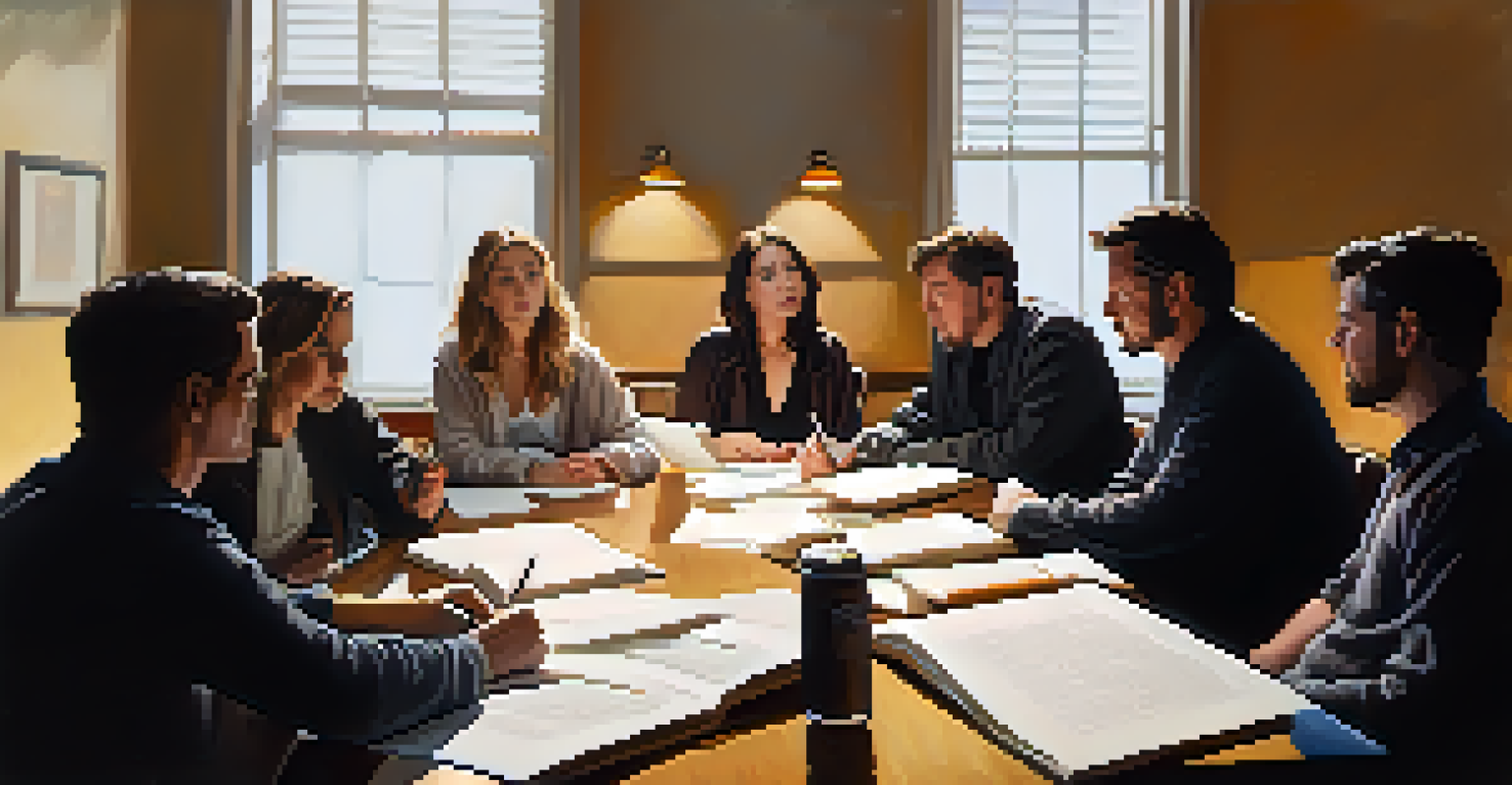Actors performing a script during a table read session, with producers observing and taking notes in a softly lit room.