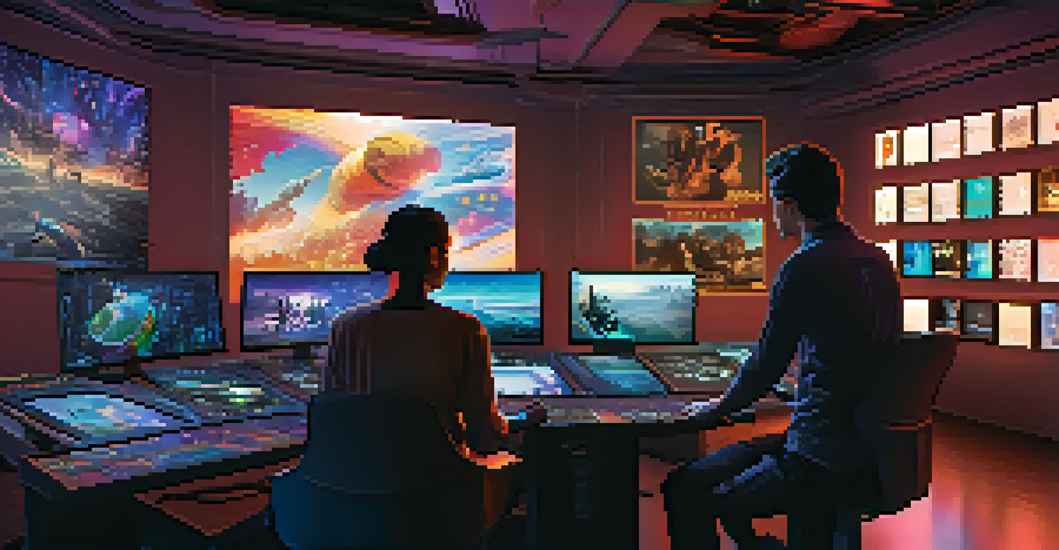 Visual effects artists working in a high-tech environment, surrounded by screens displaying colorful CGI animations.