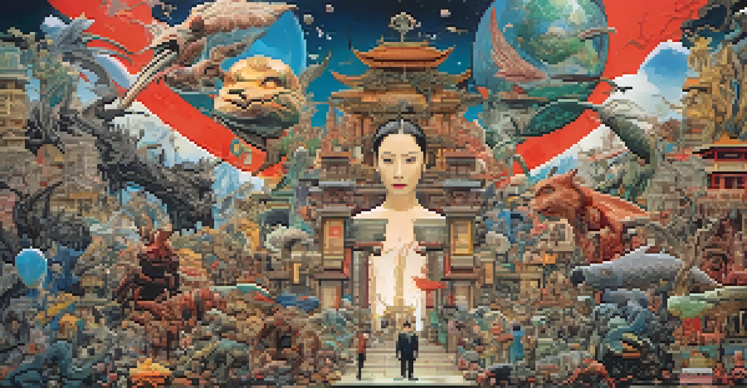 A collage of iconic scenes from films by foreign directors, featuring fantastical creatures and cultural motifs in a harmonious color palette.