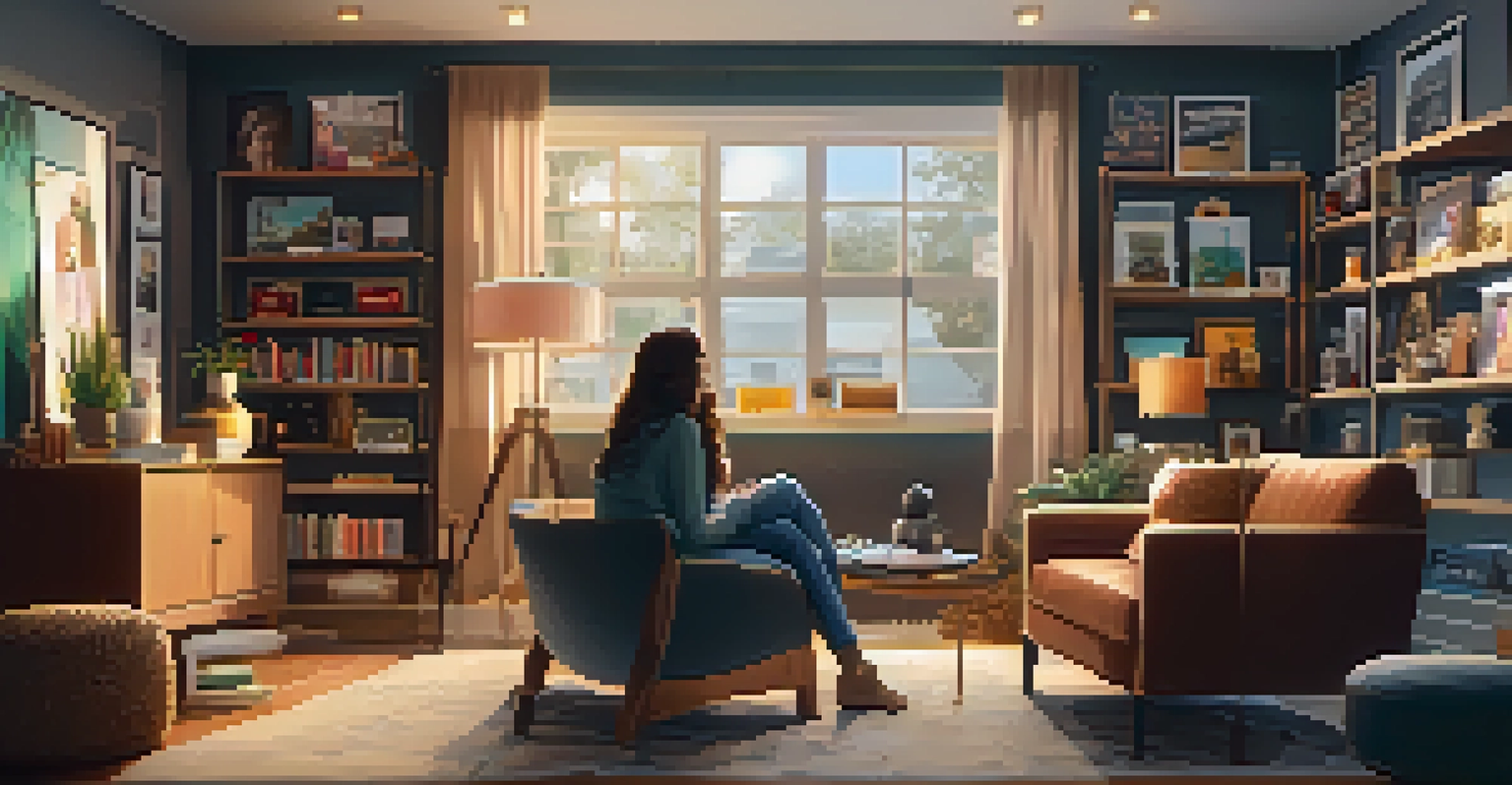 A film influencer recording a video review in a cozy room filled with film memorabilia.