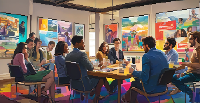 A diverse group of young professionals in a bright meeting room discussing film marketing strategies, surrounded by colorful film posters.