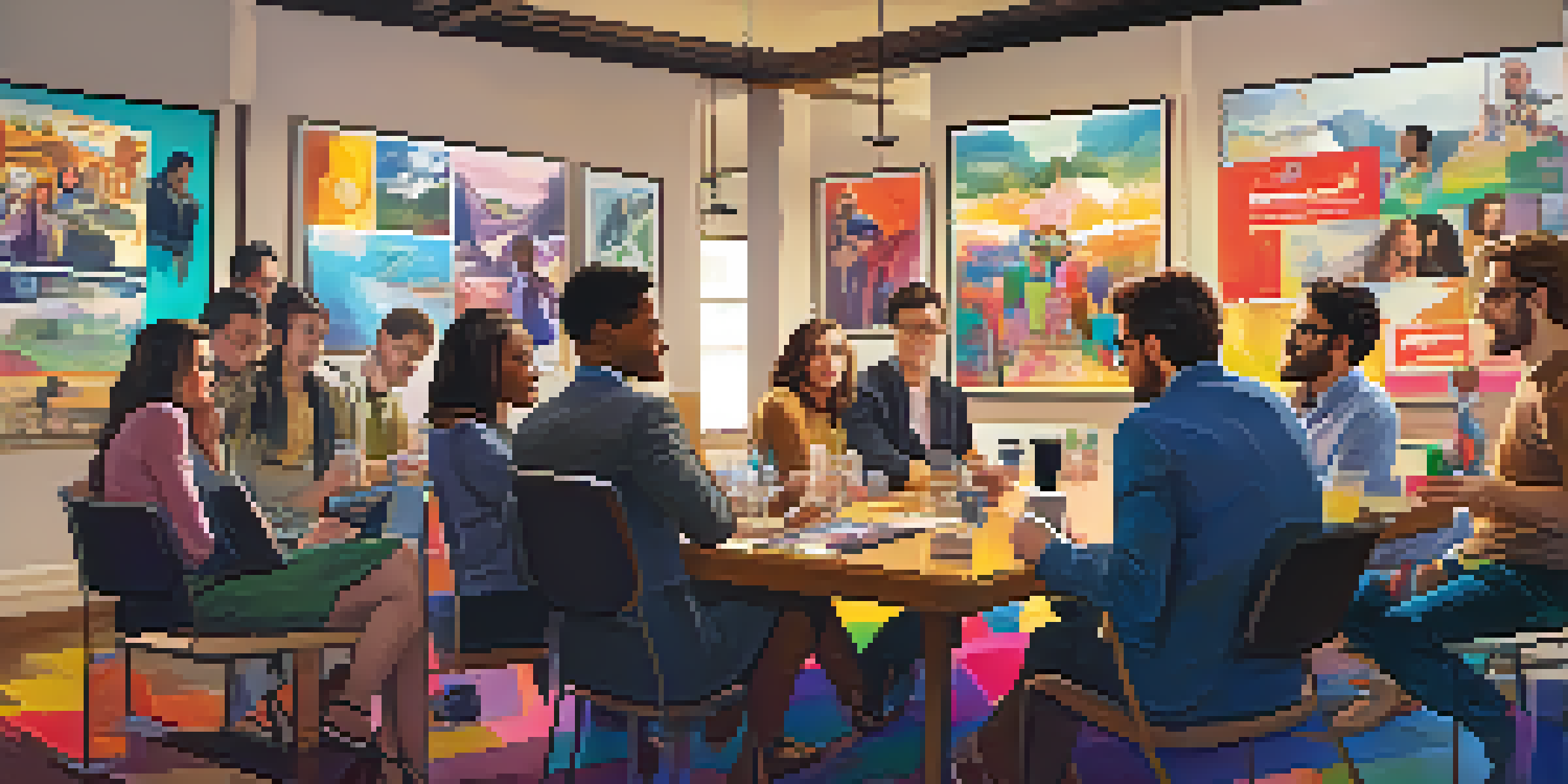 A diverse group of young professionals in a bright meeting room discussing film marketing strategies, surrounded by colorful film posters.