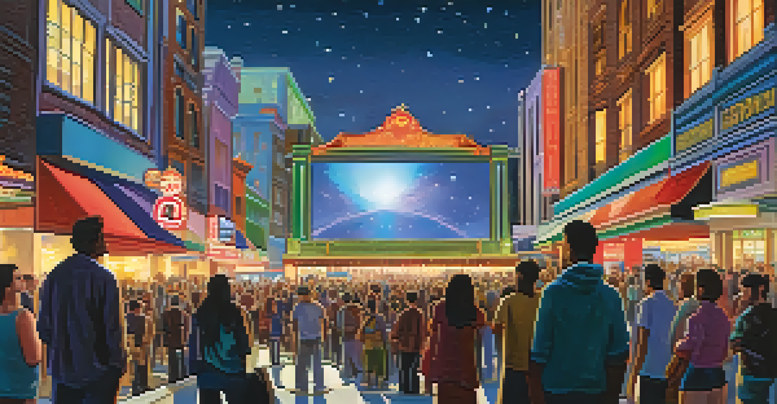 A lively city street at night with a large outdoor movie screen showing a faith-based film, as people watch with expressions of wonder.