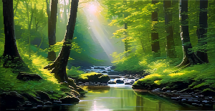 A lush green forest in the morning with mist and sunlight filtering through the trees, and a small stream flowing through.